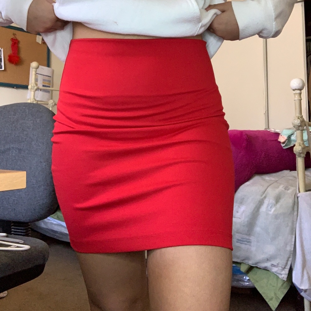 A deep red pencil skirt